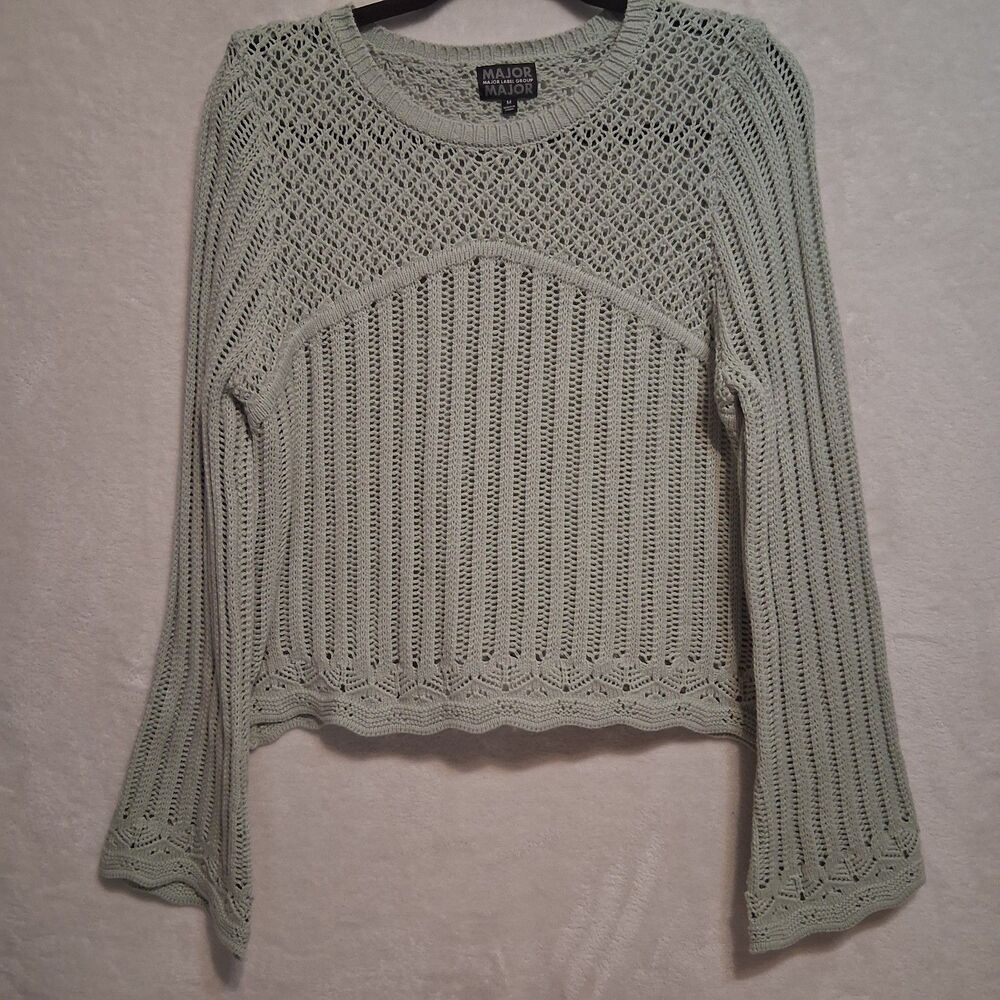 Major Label Group M Sweater Open Knit Cotton Blend Sage Green Boho Western